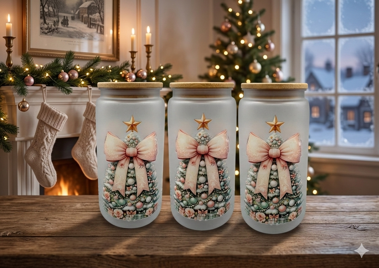 Matter Trinkbecher Weihnachtsbaum 550ml mit Bambusdeckel und Trinkhalm UV-DTF Motiv von fks-design
