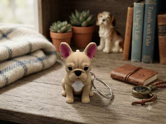 3D Druck Schlüsselanhänger Französische Bulldogge beige aus PLA mit Metallring – Frontansicht von fks-design
