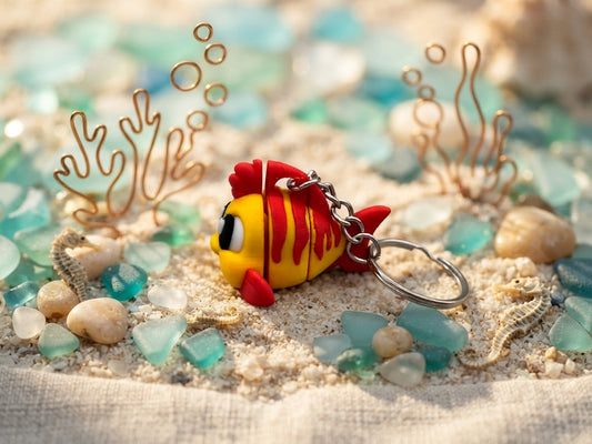 3D-gedruckter Flexi Fisch Schlüsselanhänger in Rot-Gelb mit Metallring, auf Sand mit Meeresdekor, von fks-design
