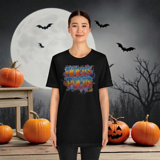 Unisex T-Shirt Hocus Pocus schwarz – Witziges Halloween-Motiv Frontansicht mit Kürbissen von fks-design
