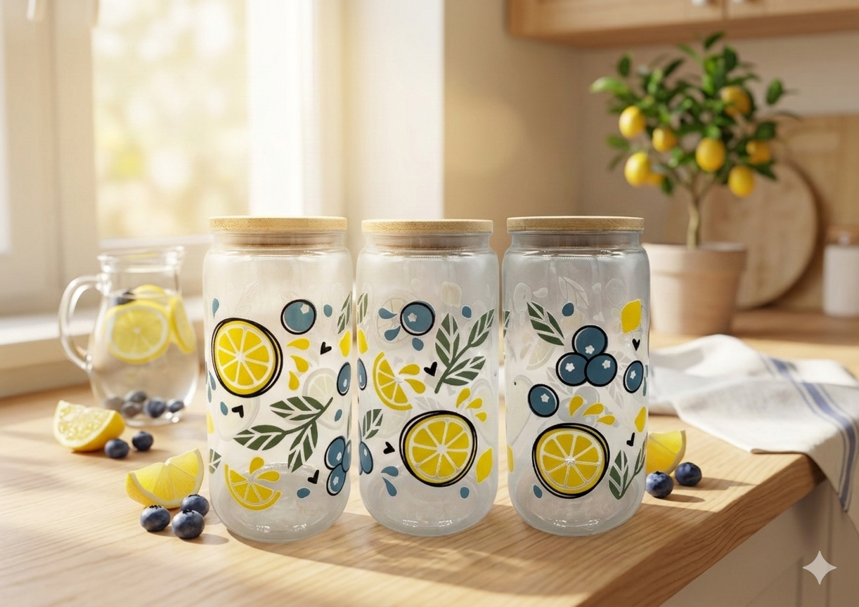 Trinkbecher Heidelbeere Zitrone mit Bambusdeckel und Trinkhalm UV-DTF Motiv 550ml von fks-design
