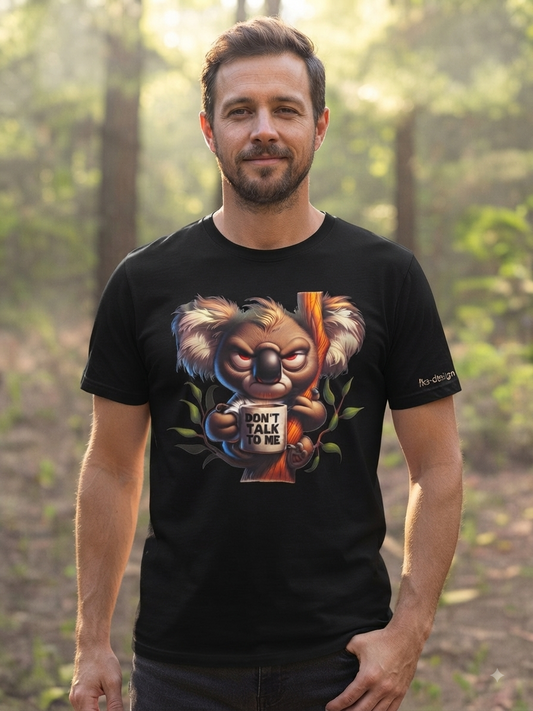 Unisex T-Shirt Don't Talk To Me schwarz – Koala mit Kaffeebecher Frontansicht von fks-design
