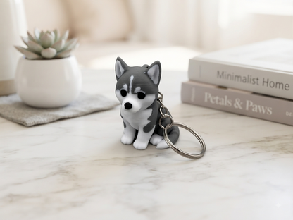 3D Druck Schlüsselanhänger Husky grau-weiß aus PLA mit Metallring – Detailansicht von fks-design
