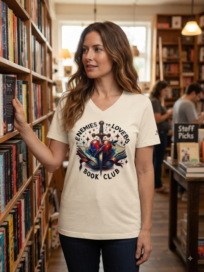 Unisex T-Shirt Enemies to Lovers Book Club naturweiß – Romantisches Buchclub-Motiv Frontansicht von fks-design
