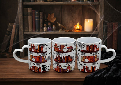 Keramiktasse Spooky Bookshelf mit Herzhenkel 300ml, drei Ansichten mit Geistern, Büchern & Fledermäusen, Halloween-Deko – von fks-design
