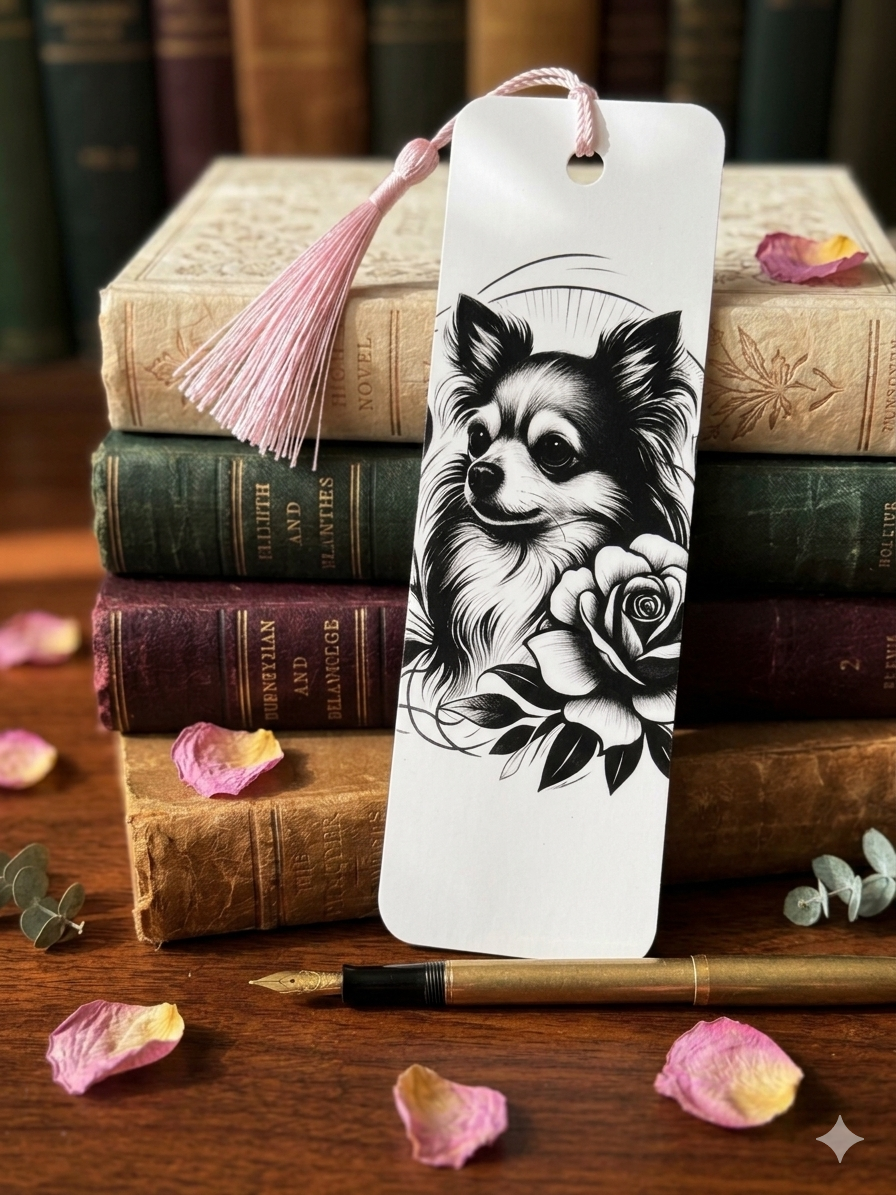 3D-gedrucktes Lesezeichen Chihuahua mit Rose im Hueforge-Relief, inkl. rosa Quaste – von fks-design
