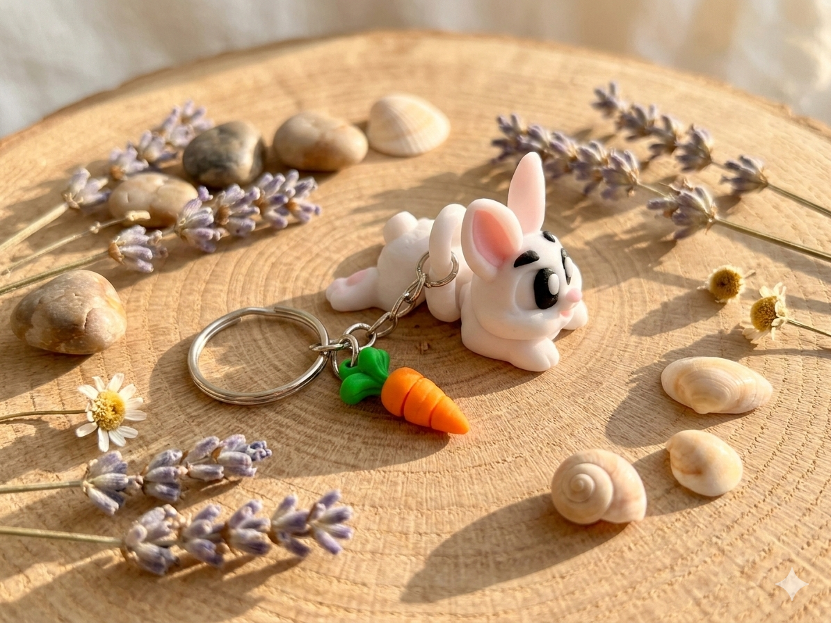 3D Druck Flexi Schlüsselanhänger Hase mit Karotte – Detailansicht bewegliche Glieder von fks-design
