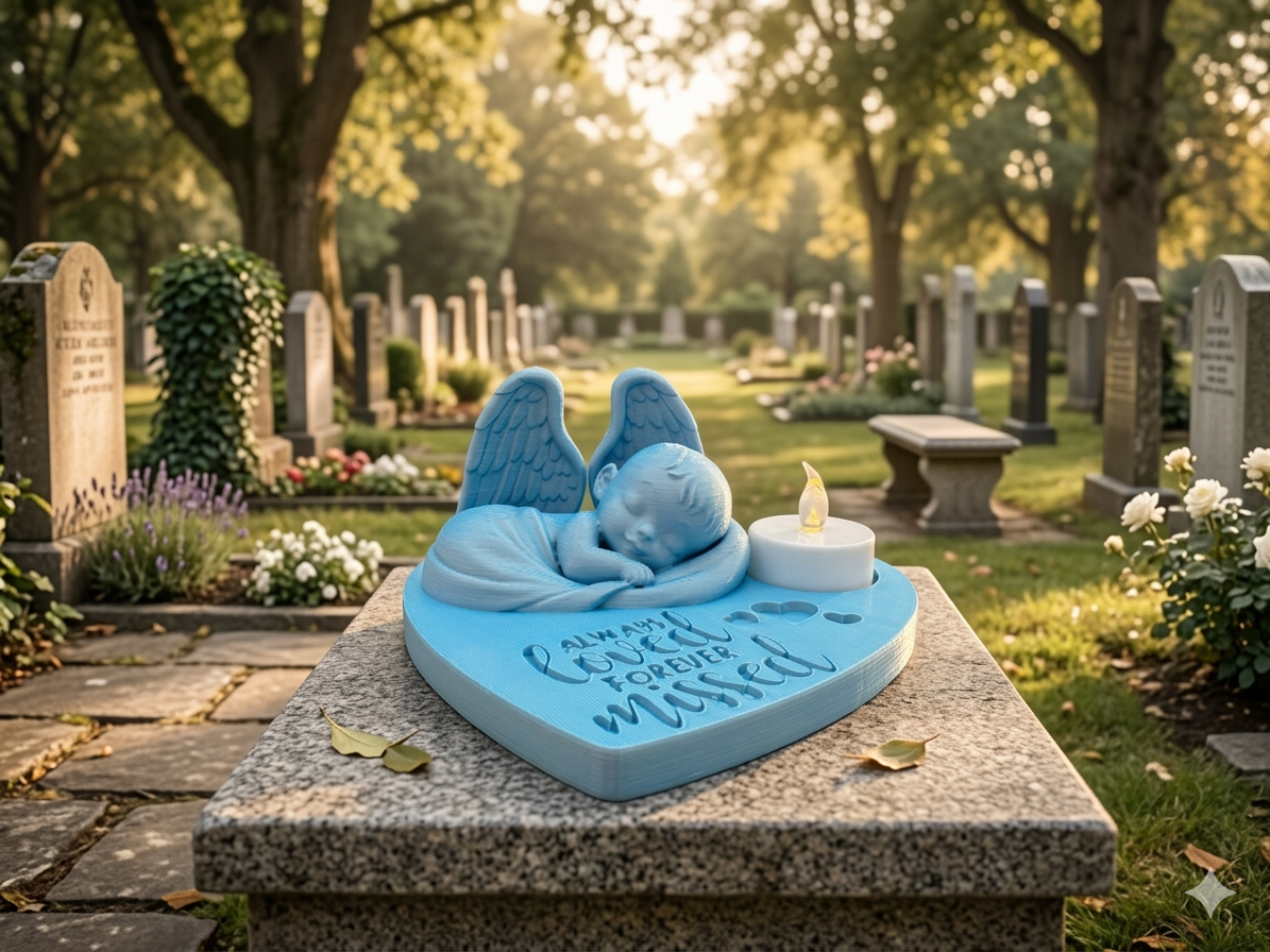 Schlafender Engel auf herzförmiger Gedenkstätte für Sternenkind mit Schriftzug Always Loved Forever Missed
