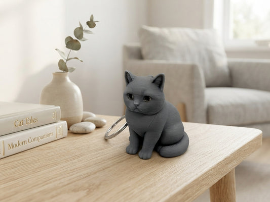 3D-Druck Schlüsselanhänger Britisch Kurzhaar Katze aus PLA in Grau mit Metallring auf Holztisch – von fks-design

