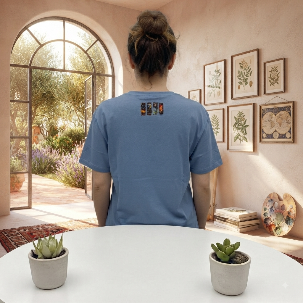 Unisex T-Shirt Himmlische Träume blaugrau – Celestial Dreams Fantasy-Motiv Rückenprint von fks-design
