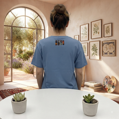 Unisex T-Shirt Himmlische Träume blaugrau – Celestial Dreams Fantasy-Motiv Rückenprint von fks-design

