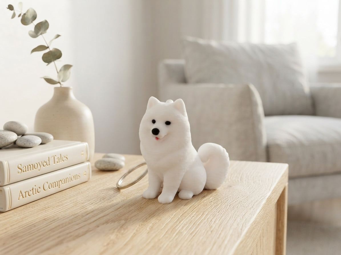 3D Druck Schlüsselanhänger Samojede Hund aus PLA mit Metallring – weiße Samojede-Figur mit geschwungenem Schwanz, von fks-design
