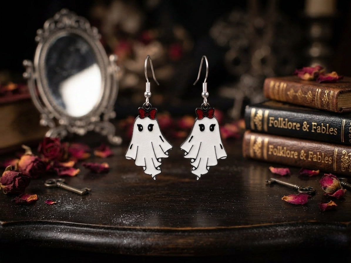 3D-Druck Ohrringe mit Geister-Mädchen-Motiv und roter Schleife, 925er Sterling-Silber-Ohrhaken von fks-design
