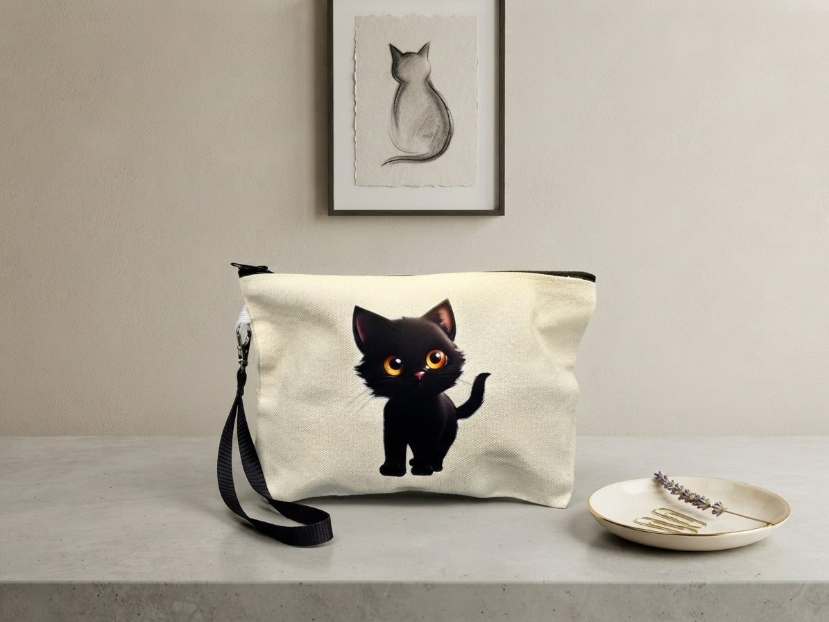 Kleine beige Stofftasche mit niedlicher schwarzer Katze DTF-Druck, Reißverschluss und Handschlaufe – Lifestyle-Setting mit Katzen-Kunstdruck im Hintergrund, von fks-design
