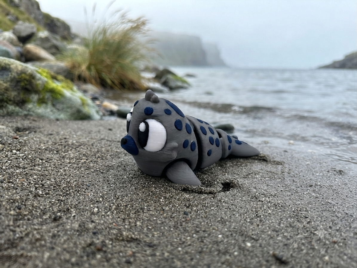 Mini Flexi Seehund aus 3D-Druck in Grau mit blauen Punkten, liegend am Sandstrand mit Meeresküste – bewegliches Fidget Toy von fks-design
