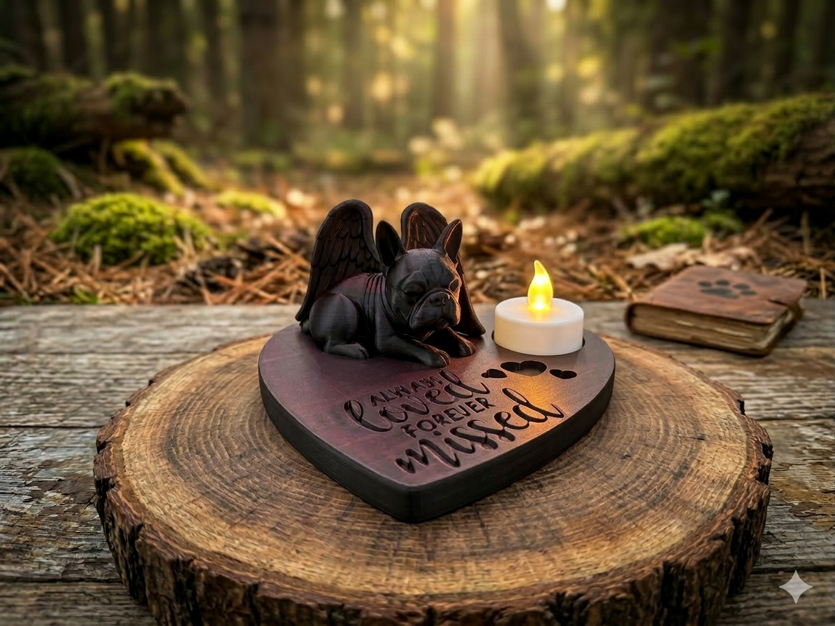 Schlafende Französische Bulldogge Engel auf herzförmiger Gedenkstätte mit Schriftzug Always Loved Forever Missed in Rot-Schwarz
