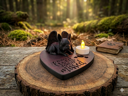 Schlafende Französische Bulldogge Engel auf herzförmiger Gedenkstätte mit Schriftzug Always Loved Forever Missed in Rot-Schwarz
