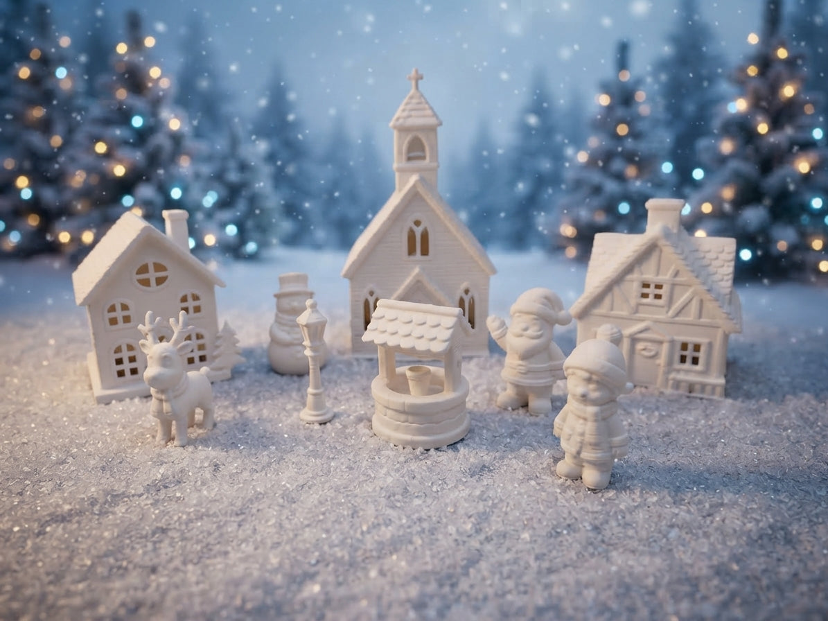 Weißes 9-teiliges 3D-Druck Weihnachtsdorf mit Kirche, Häusern, Brunnen und Figuren im Schnee von fks-design
