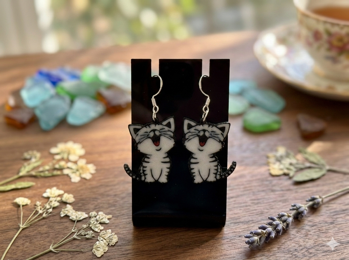 3D Druck Ohrringe Fröhliche Katzen – schwarz-weiße Katzenanhänger mit 925er Sterling Silber Ohrhaken von fks-design
