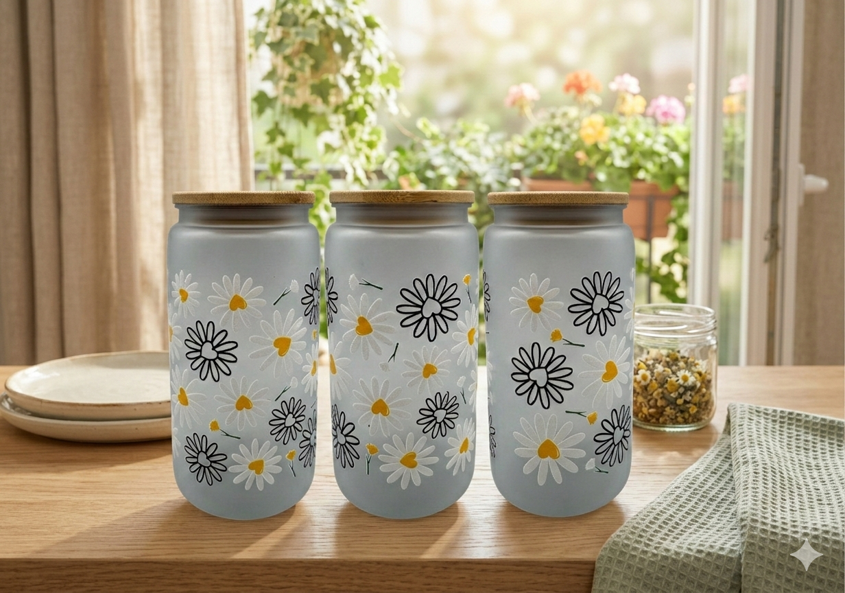 Matter Trinkbecher Herz Blumen mit Bambusdeckel und Trinkhalm UV-DTF Motiv 550ml von fks-design

