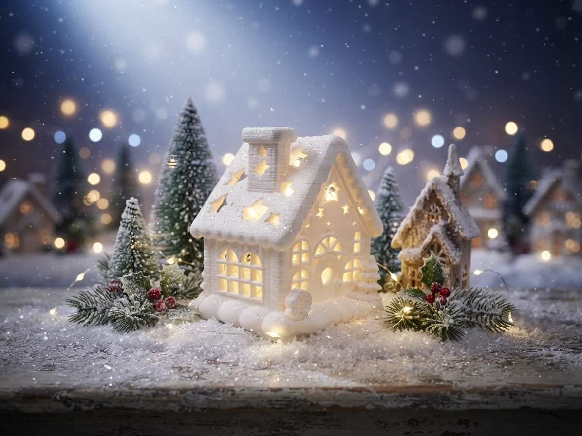 Seitliche Ansicht des leuchtenden Weihnachtshauses mit Sternenausschnitten im Dach vor winterlicher Kulisse von fks-design
