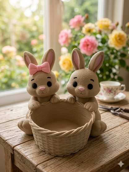 Hasen-Pärchen mit Korb aus 3D-Druck in sandfarbener Optik mit rosa Schleife – Osterdekoration von fks-design
