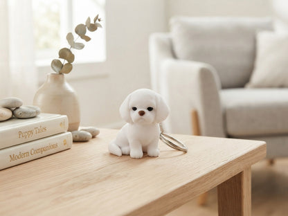 3D Druck Schlüsselanhänger Shi Tzu / Malteser Hund weiß aus PLA mit Metallring, Frontansicht auf Holztisch – von fks-design

