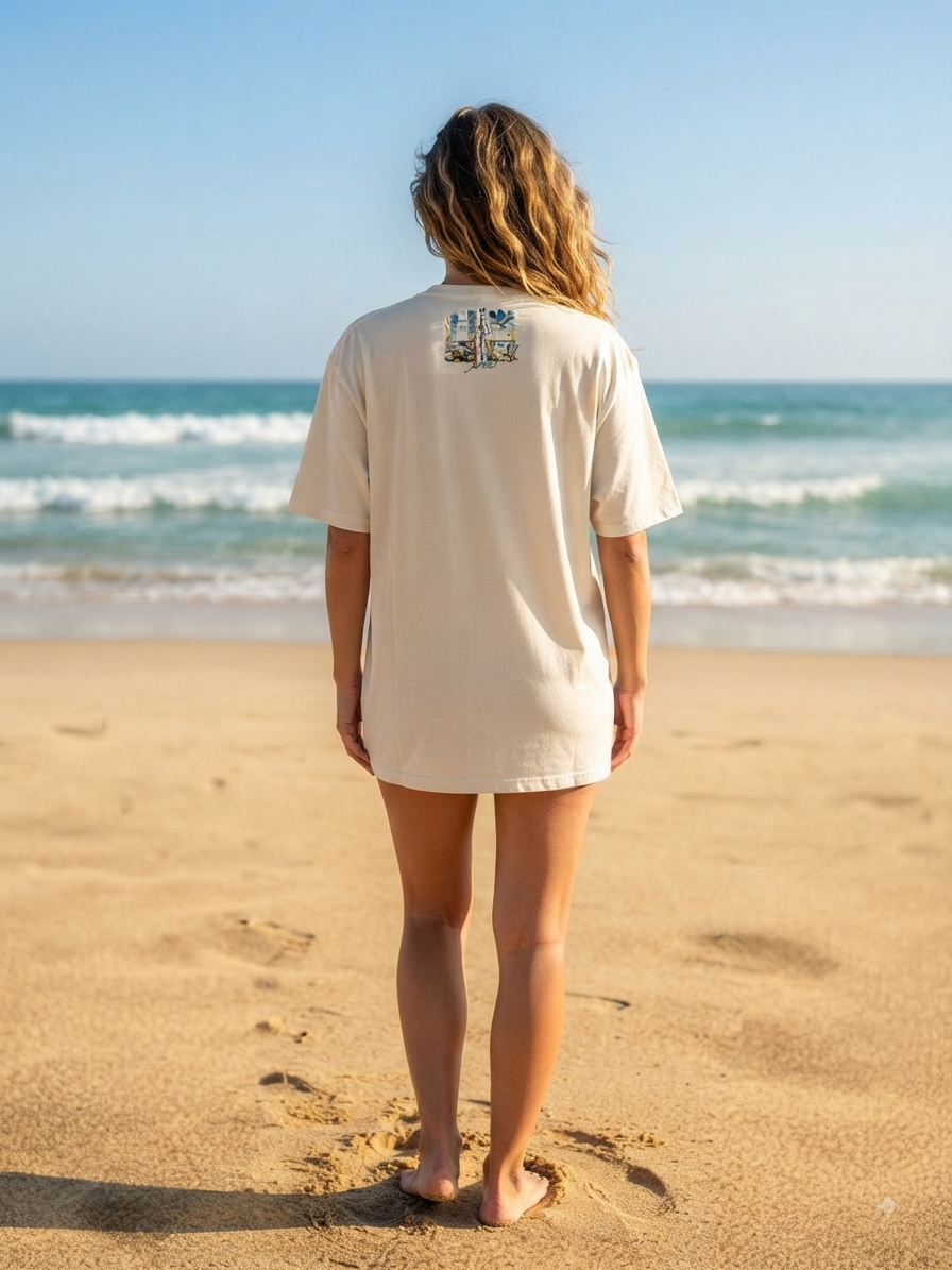 Unisex T-Shirt Meerzeit naturweiß – Sommerliches Meer-Motiv Rückenprint am Strand von fks-design
