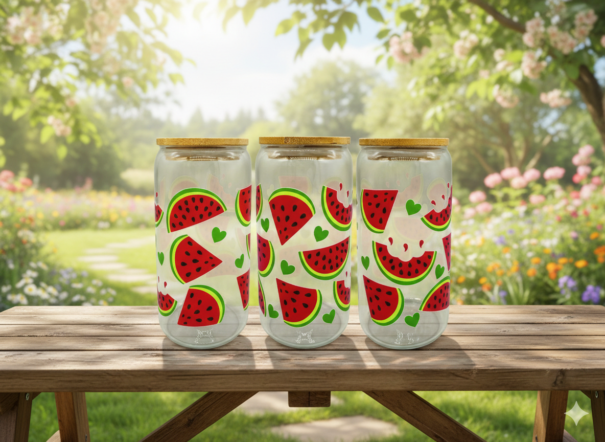 Trinkglas Melone 550ml mit Bambusdeckel und Trinkhalm UV-DTF Motiv von fks-design
