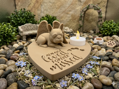 3D Druck Gedenkstätte Französische Bulldogge - Herzform mit LED Teelichthalterung
