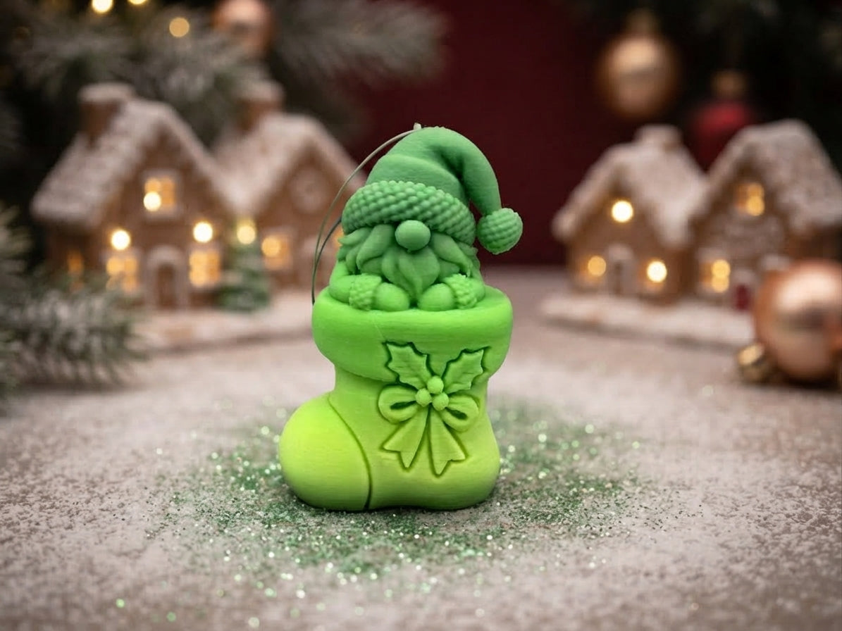 Grüner 3D-gedruckter Wichtel im Weihnachtsstrumpf vor einem beleuchteten Winterdorf von fks-design
