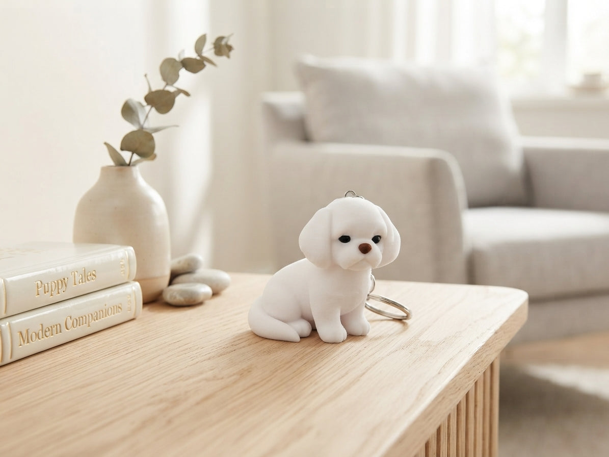 3D Druck Schlüsselanhänger Shi Tzu / Malteser Hund weiß aus PLA mit Metallring, Seitenansicht auf Holztisch – von fks-design
