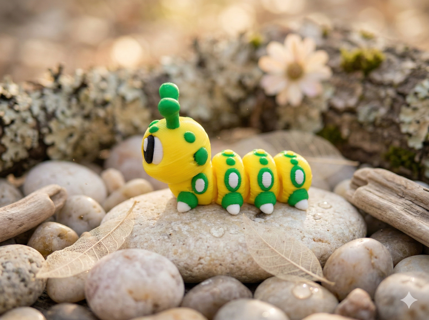 Mini Flexi Raupe Detailansicht gebogen bewegliche Segmente 3D-Druck Fidget Toy - fks-design
