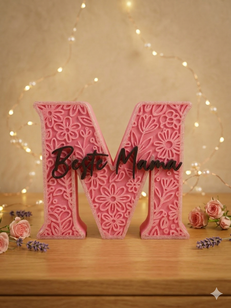 3D-Druck Buchstabe M Beste Mama in Pink mit floralem Blumenmuster – Muttertag Geschenk von fks-design
