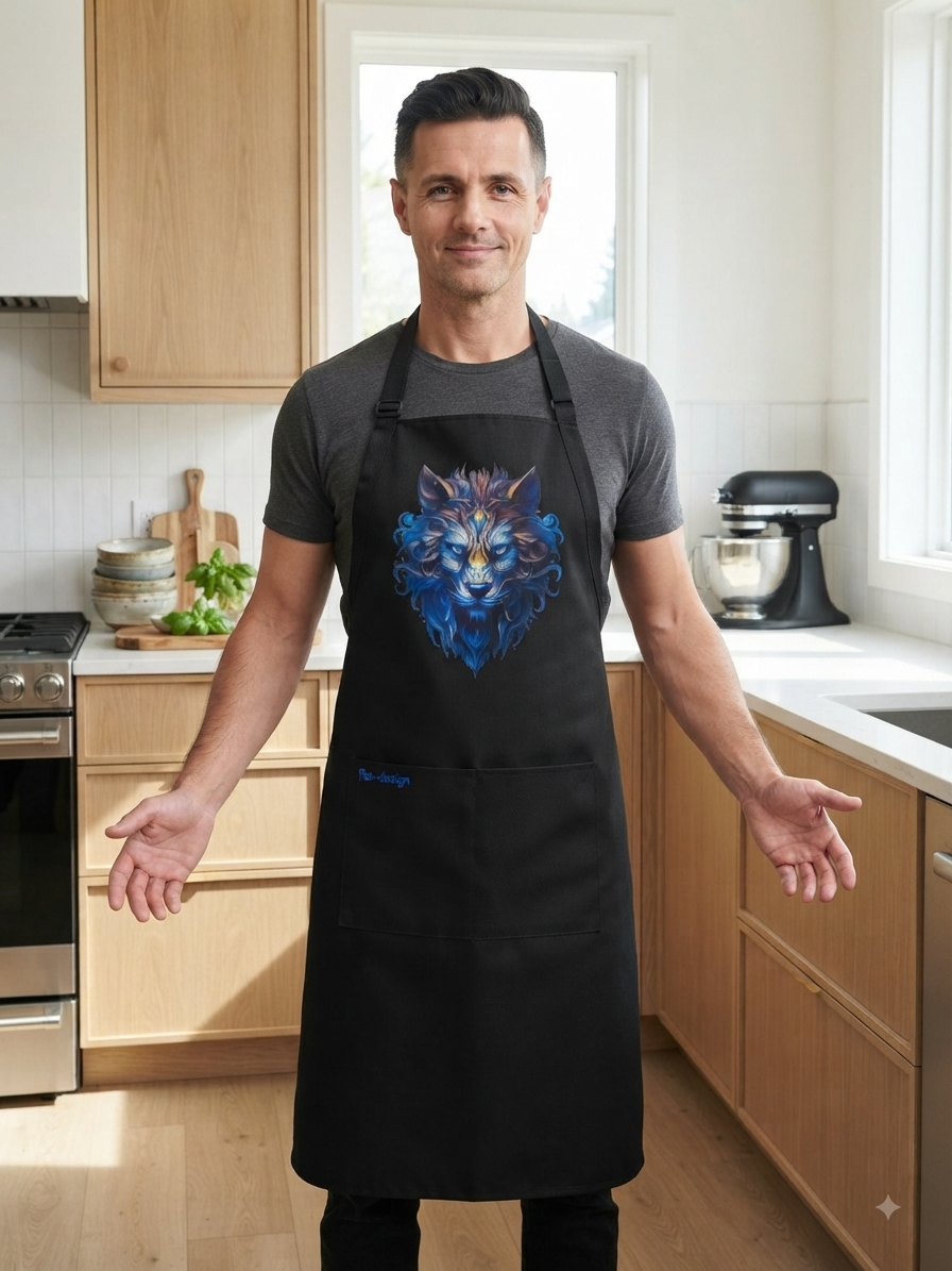 Unisex Koch- Back- Grillschürze Blauer Wolf DTF-Druck schwarz von fks-design
