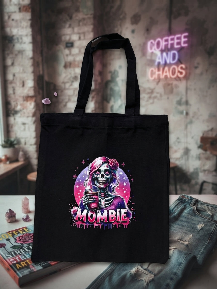 Schwarze Canvas Einkaufstasche mit „Mombie" Skull-Mama DTF-Druck in Pink-Lila, Baumwolle, von fks-design
