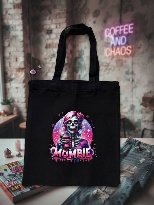 Schwarze Canvas Einkaufstasche mit „Mombie" Skull-Mama DTF-Druck in Pink-Lila, Baumwolle, von fks-design
