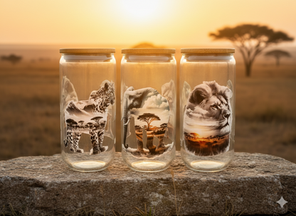 Trinkglas Safari 550ml mit Bambusdeckel und Trinkhalm UV-DTF Motiv von fks-design

