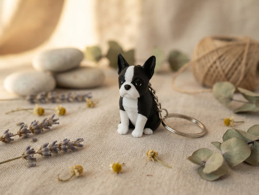 3D-gedruckter Boston Terrier-Schlüsselanhänger schwarz-weiß mit Stehohren und Metallring, auf Leinenstoff mit Trockenblumen, von fks-design
