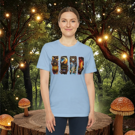 Unisex T-Shirt Himmlische Träume hellblau – Celestial Dreams Fantasy-Motiv Frontansicht im Zauberwald von fks-design
