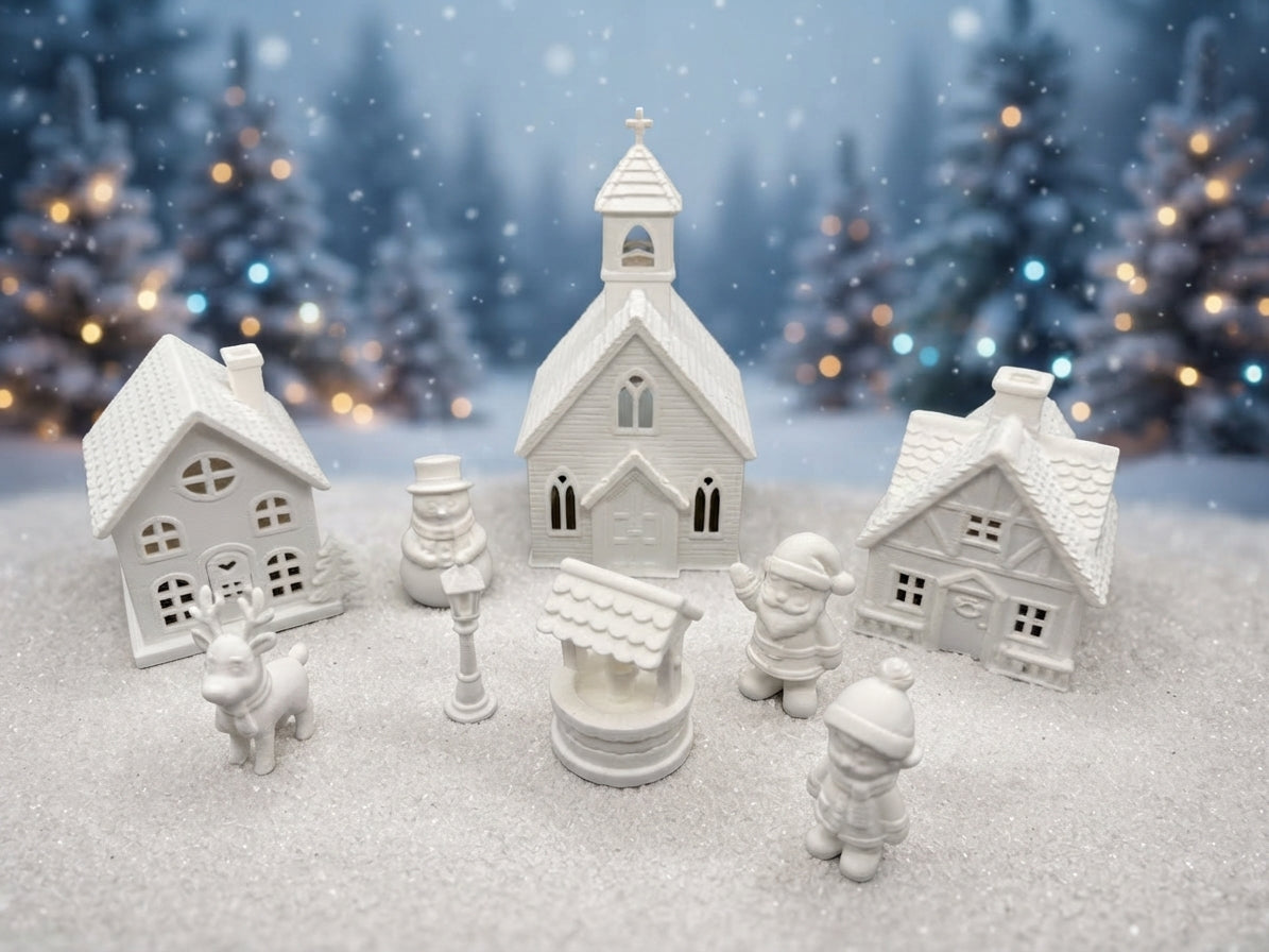 3D-gedrucktes Weihnachtsdorf aus weißem PLA mit Kirche, zwei Häusern und winterlichen Figuren von fks-design
