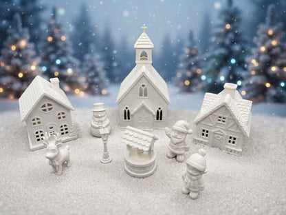 3D-gedrucktes Weihnachtsdorf aus weißem PLA mit Kirche, zwei Häusern und winterlichen Figuren von fks-design
