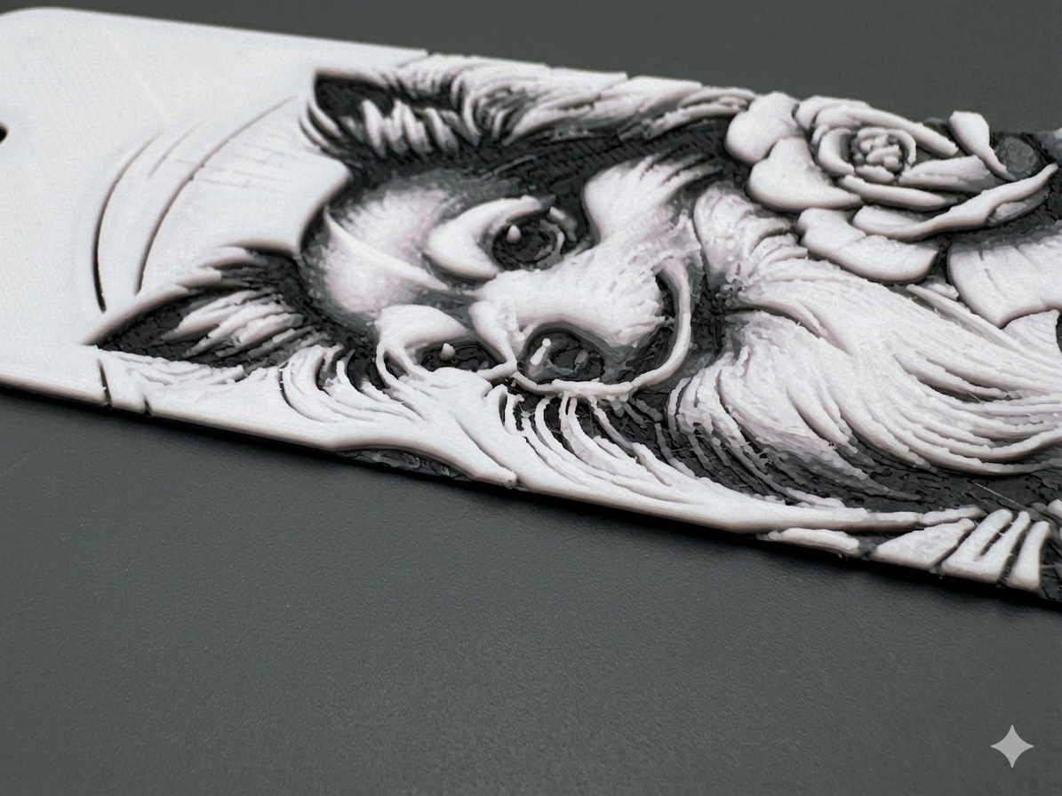 Hueforge Buchmarker Chihuahua mit Rose – fühlbares 3D-Relief aus PLA, Detailansicht – von fks-design

