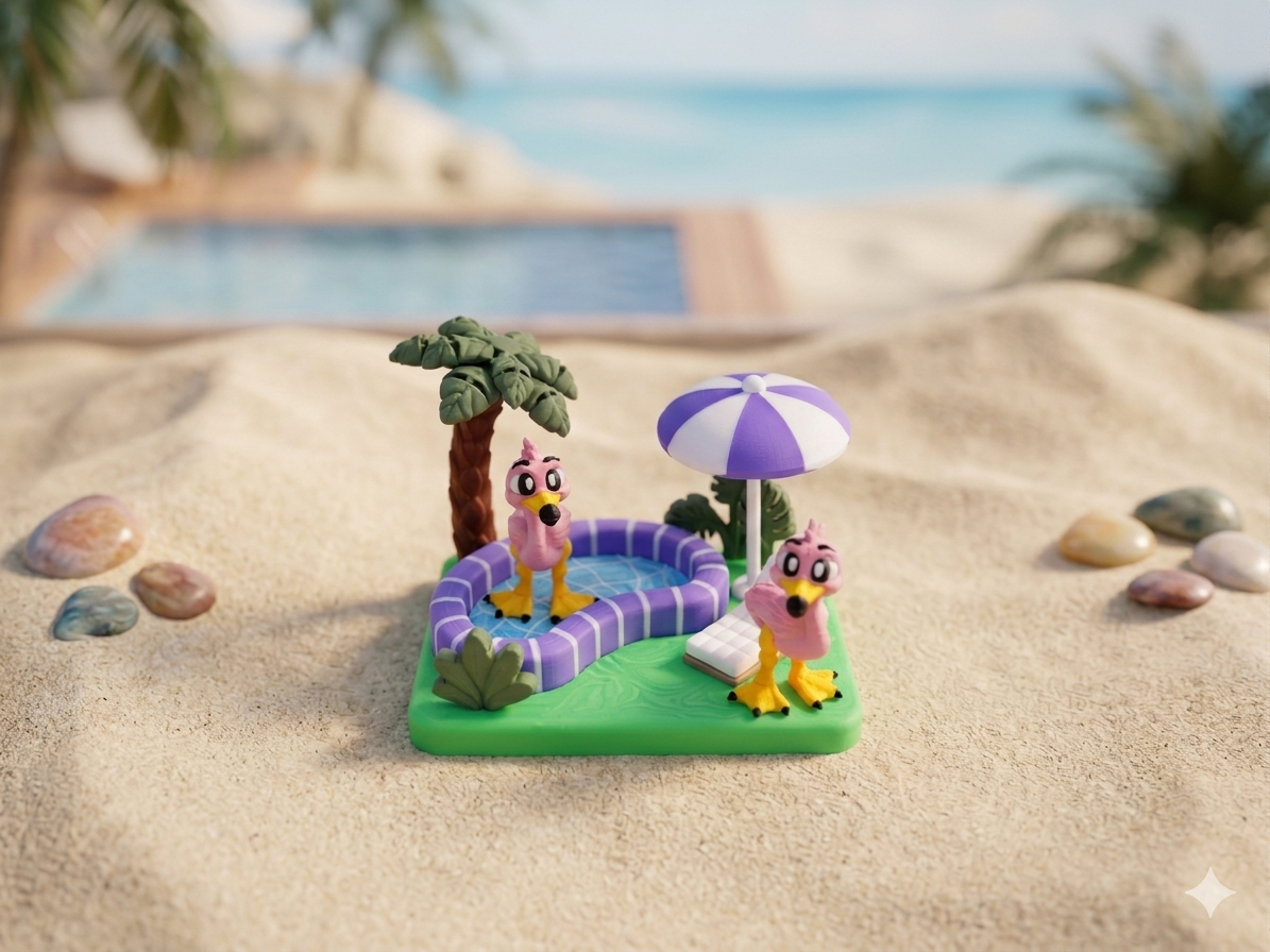 Mini-Flamingo Pool Spieleset mit 2 beweglichen Flexi-Flamingos und Pool-Spielewelt aus PLA 3D-Druck von fks-design
