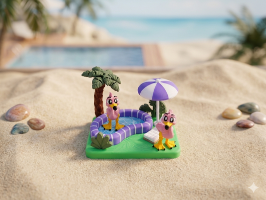 Mini-Flamingo Pool Spieleset mit 2 beweglichen Flexi-Flamingos und Pool-Spielewelt aus PLA 3D-Druck von fks-design
