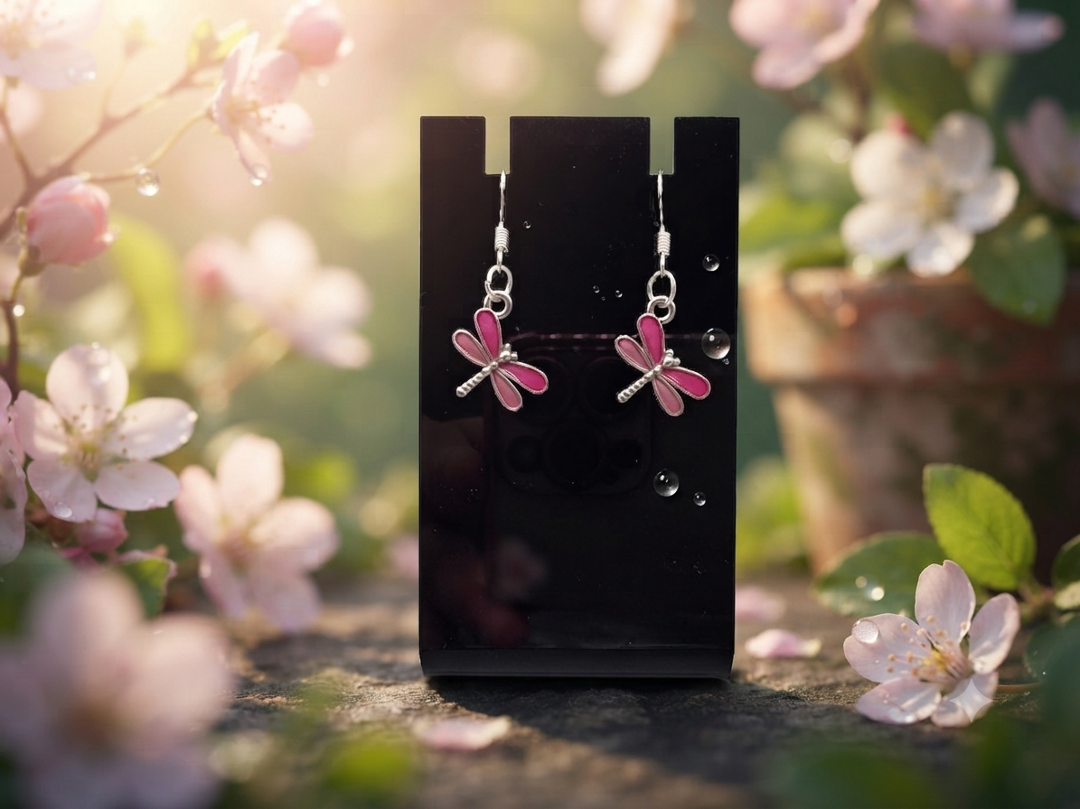 Libellen Ohrringe in Rosa mit 925er Silberhaken, präsentiert auf schwarzem Schmuckdisplay vor romantischem Kirschblüten-Hintergrund – von fks-design
