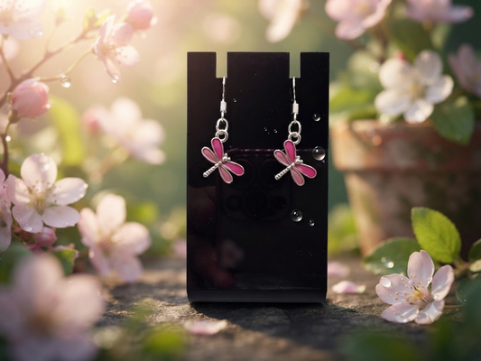 Libellen Ohrringe in Rosa mit 925er Silberhaken, präsentiert auf schwarzem Schmuckdisplay vor romantischem Kirschblüten-Hintergrund – von fks-design
