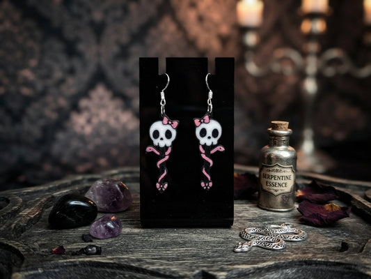 Schlangen Skull Stab Ohrringe aus 3D-Druck – Totenkopf mit rosa Schleife und Schlange, 925er Sterlingsil
