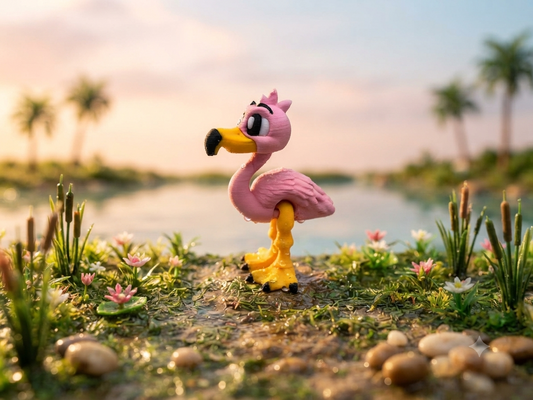 Mini Flexi Flamingo aus 3D-Druck in Pink und Gelb, stehend am Seeufer mit tropischem Hintergrund – bewegliches Fidget Toy von fks-design
