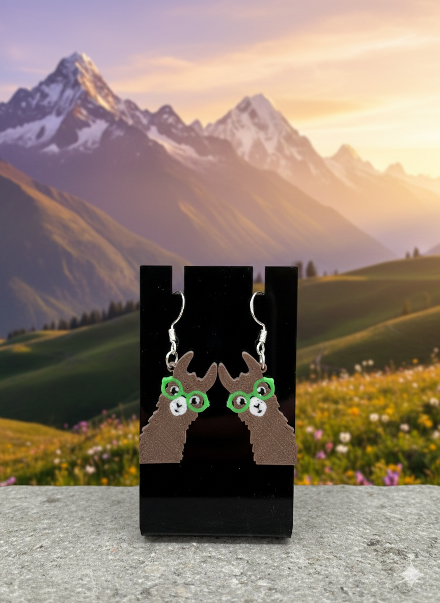 3D Druck Ohrringe Lama mit Brille – stylisches Lama mit Brille, 925er Sterling Silber Ohrhaken von fks-design
